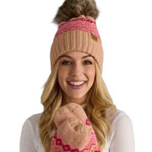 Panache Blush, Pink & Orange Patterned Pom Hat with Matching Mittens (49)
